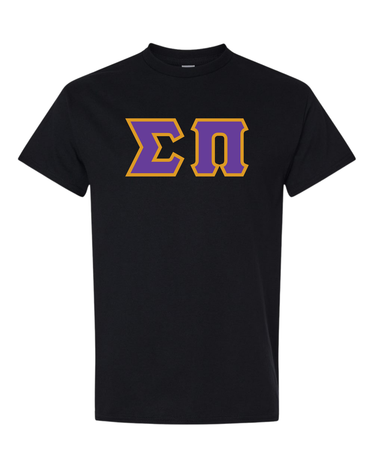 Sigma Pi Stitched Letter T-Shirt | Purple Letters with Gold Border