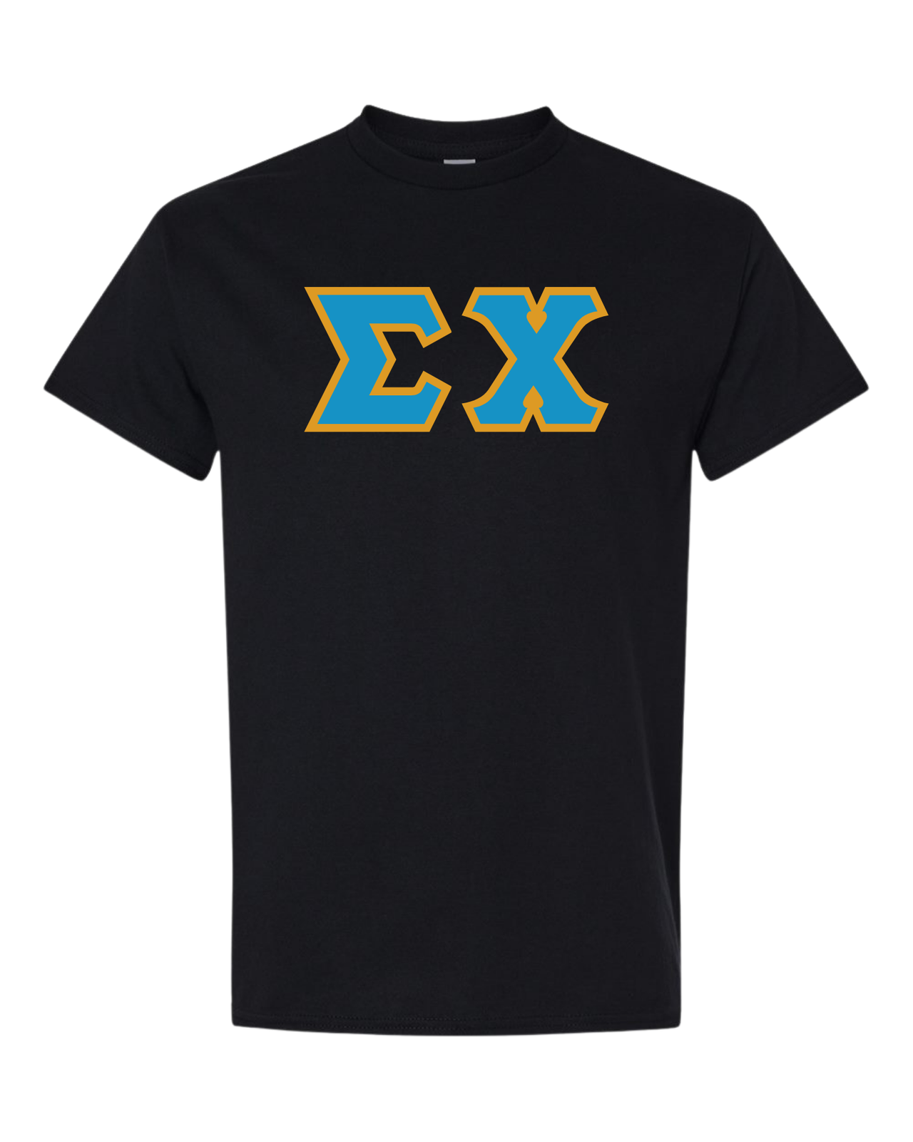 Sigma Chi Stitched Letter T-Shirt | Black | Cyan with Gold Border
