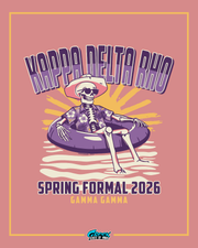 Promotional poster for Kappa Delta Rho Spring Formal 2026 with a skeleton on an inner tube against a pink background.