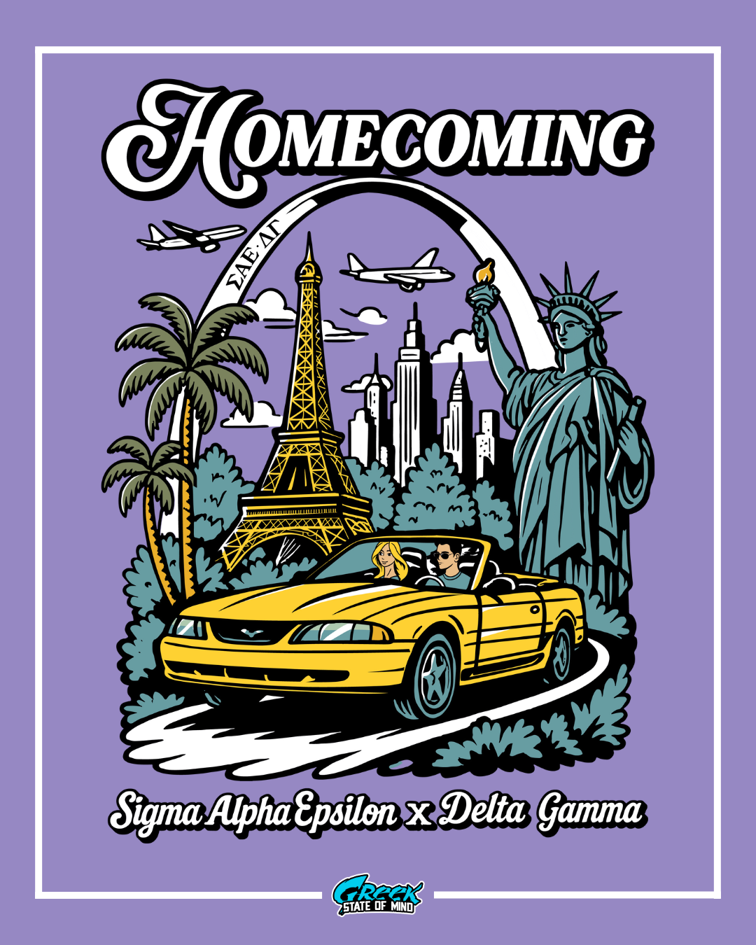 homecoming design featuring sae and delta gamma with a yellow convertible driving past the eiffel tower statue of liberty and city skyline on a purple background