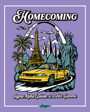 homecoming design featuring sae and delta gamma with a yellow convertible driving past the eiffel tower statue of liberty and city skyline on a purple background