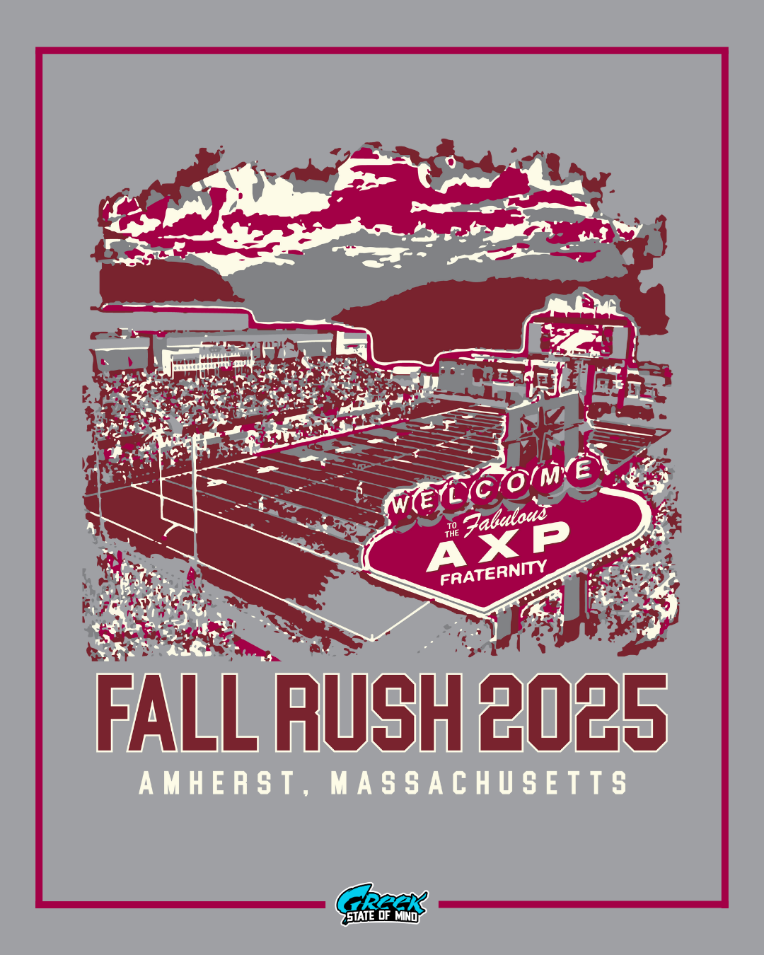 stylized football stadium packed with fans under dramatic clouds with a welcome to the fabulous axp fraternity sign in front and rush text below.