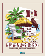 alpha chi rho tropical beach fall rush 2025 design featuring palm trees tiki hut raven beach chair flowers and chapter flag