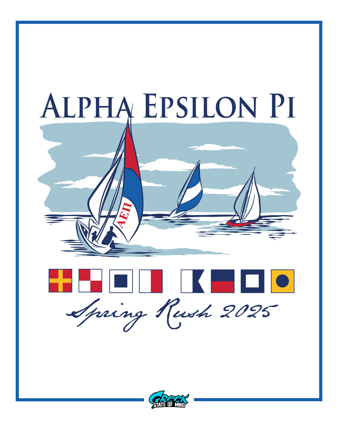 alpha epsilon pi nautical rush design featuring sailboats on the water with maritime signal flags and handwritten style lettering