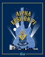stylized electric guitar silhouette with the alpha epsilon pi crest in the center under arched gold lettering and city palm trees at the bottom on a navy background.