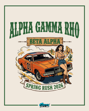 alpha gamma rho rush shirt design featuring a vintage muscle car drifting through a desert scene with retro pin-up illustration and western styling