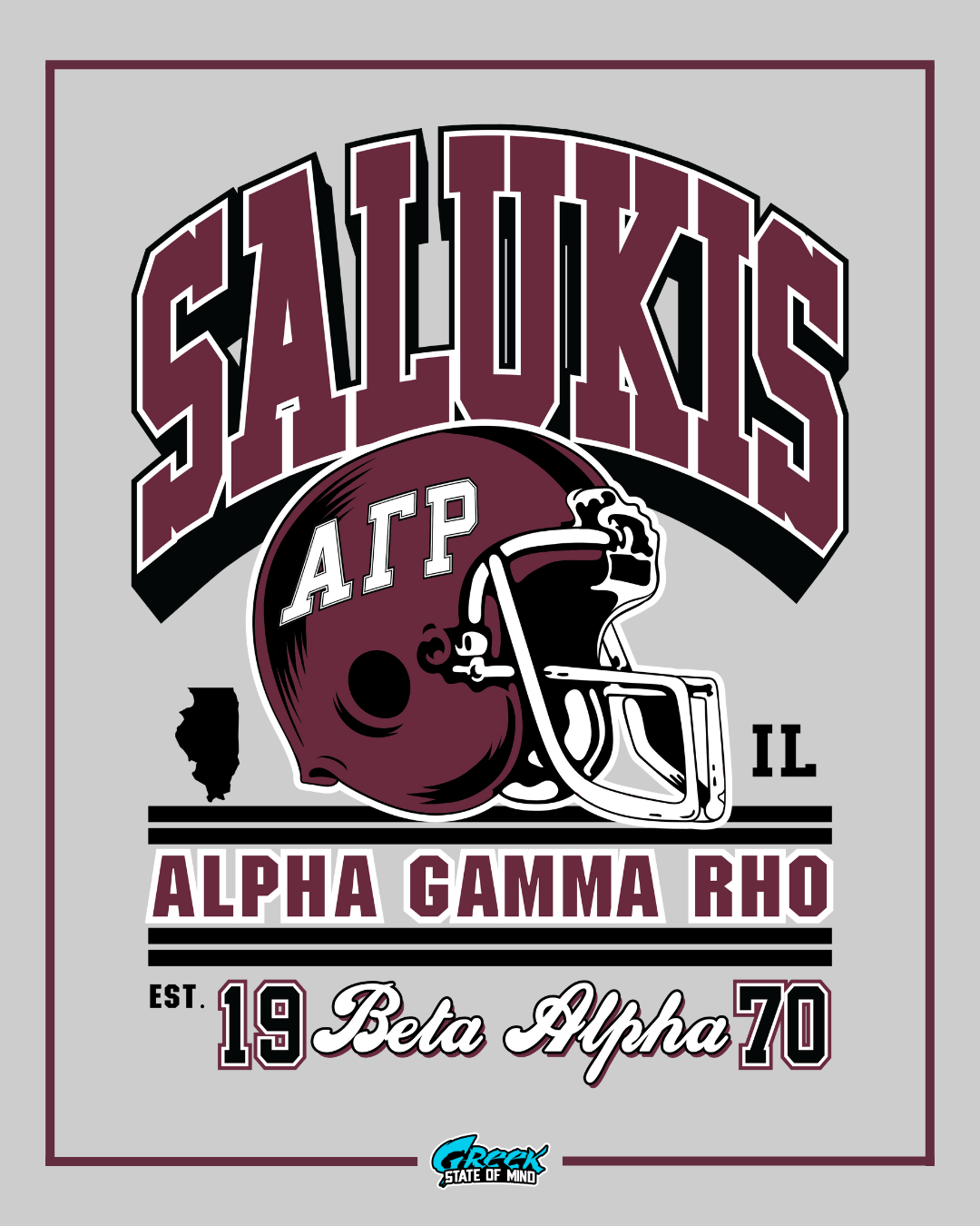 alpha gamma rho football themed fraternity design featuring a maroon agr football helmet bold salukis lettering and collegiate striping