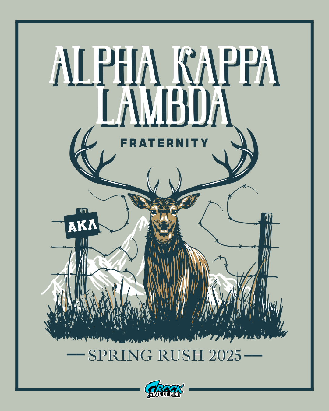 alpha kappa lambda rush design featuring a deer in front of mountains with barbed wire posts natural scenery and a rugged outdoor style