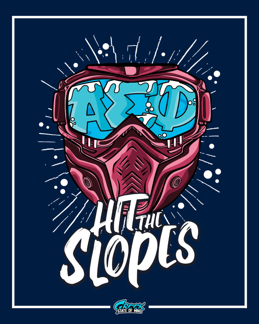 illustrated ski goggles and mask with icy blue lenses spelling alpha sigma phi letters above bold hit the slopes text on a navy background.