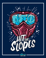 illustrated ski goggles and mask with icy blue lenses spelling alpha sigma phi letters above bold hit the slopes text on a navy background.