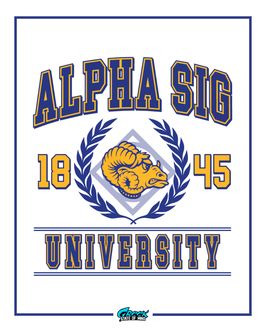alpha sigma phi collegiate design featuring bold varsity lettering a ram mascot laurel wreath and university-style layout on a white background