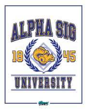 alpha sigma phi collegiate design featuring bold varsity lettering a ram mascot laurel wreath and university-style layout on a white background