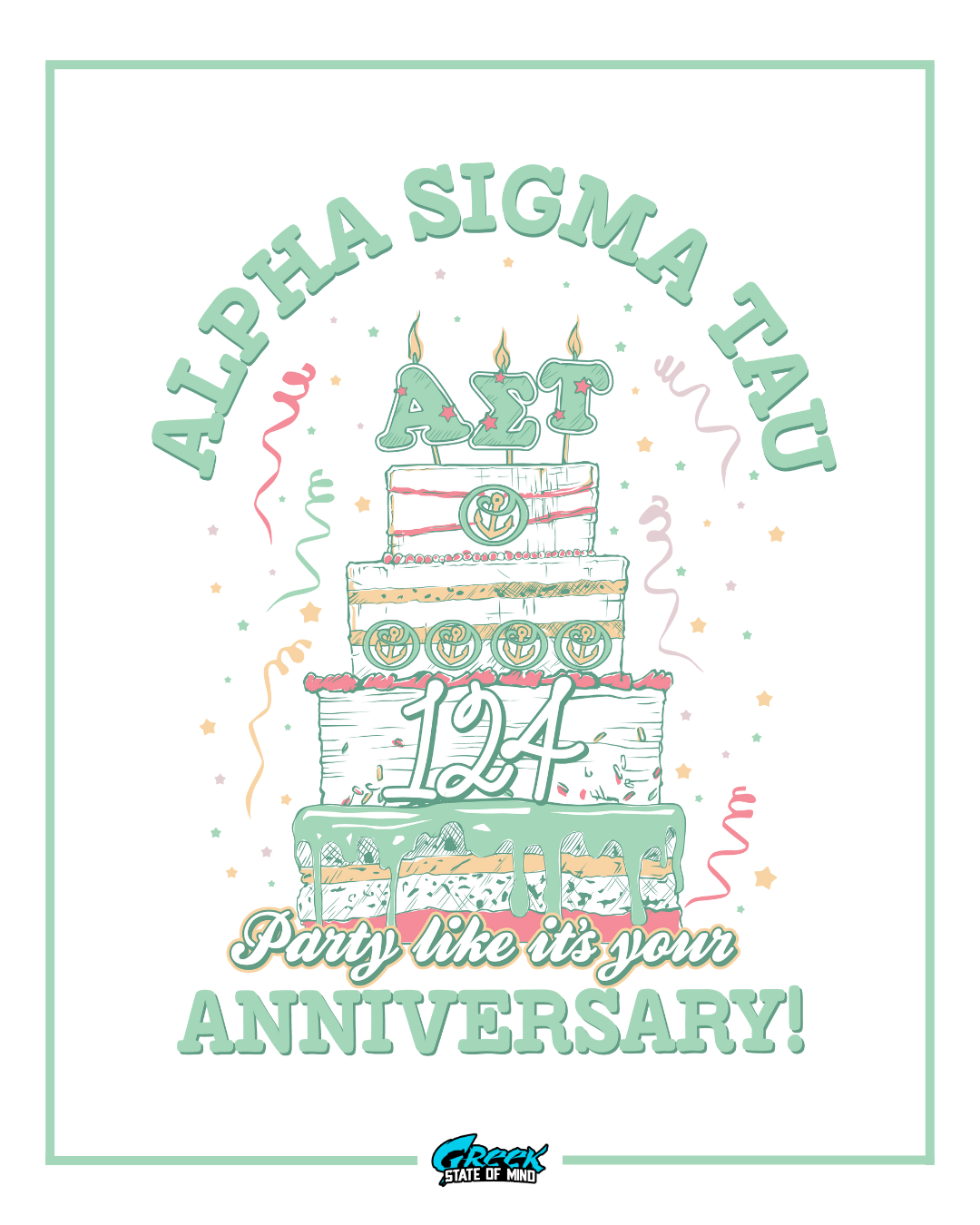 alpha sigma tau anniversary design featuring a pastel tiered cake with greek letters candles confetti and decorative icing in a soft celebration theme
