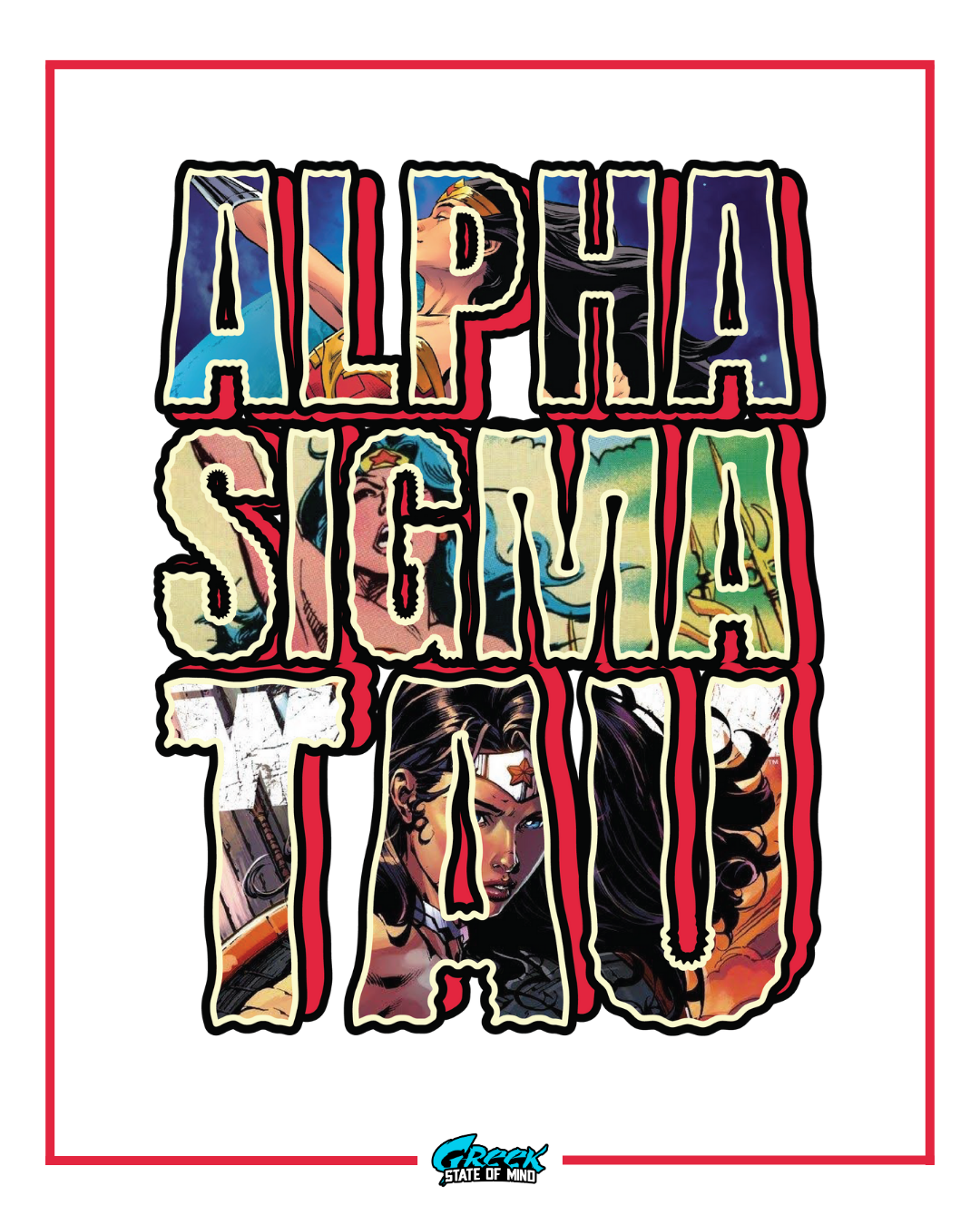 Colorful text design with 'Alpha Sigma Tau' on a white background