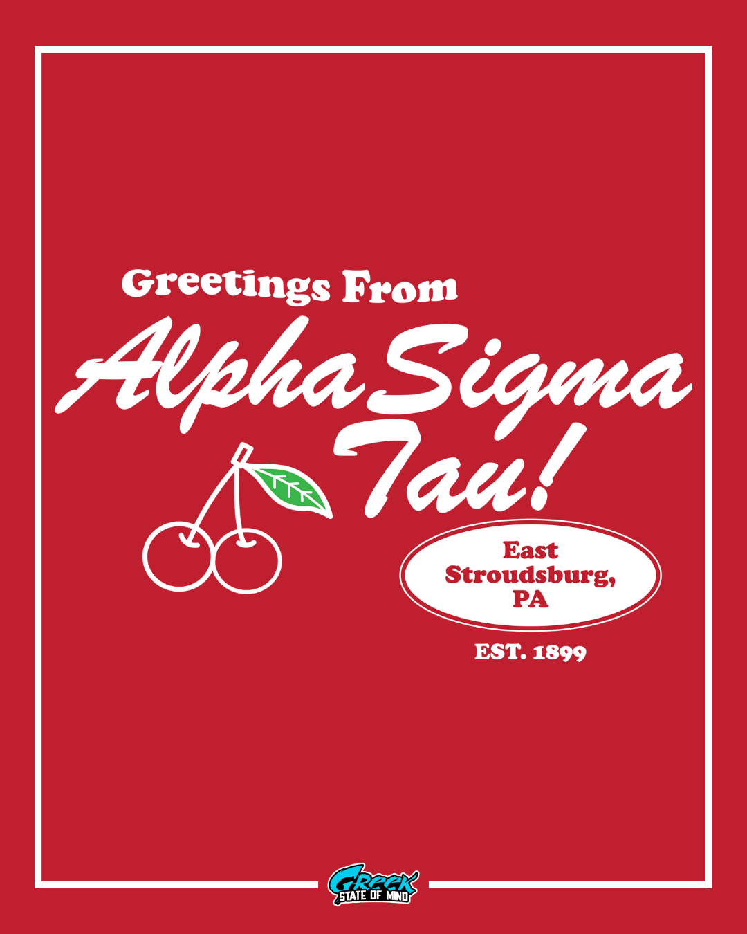 alpha sigma tau greetings from design featuring script lettering cherries and chapter location on a red background
