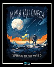 alpha tau omega astronaut on moon rush shirt design featuring a glowing moon skyline star lettering and an ato flag planted on rocky terrain
