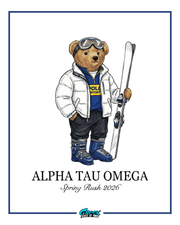preppy cartoon ski bear wearing goggles puffer jacket and boots holding skis with alpha tau omega spring rush 2026 text below.
