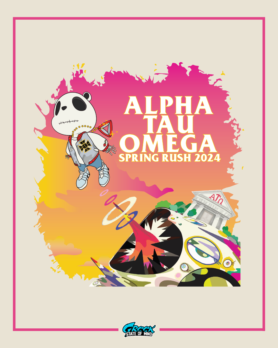 streetwear panda character floating beside a surreal colorful landscape with an abstract creature and the alpha tau omega house under bold lettering.