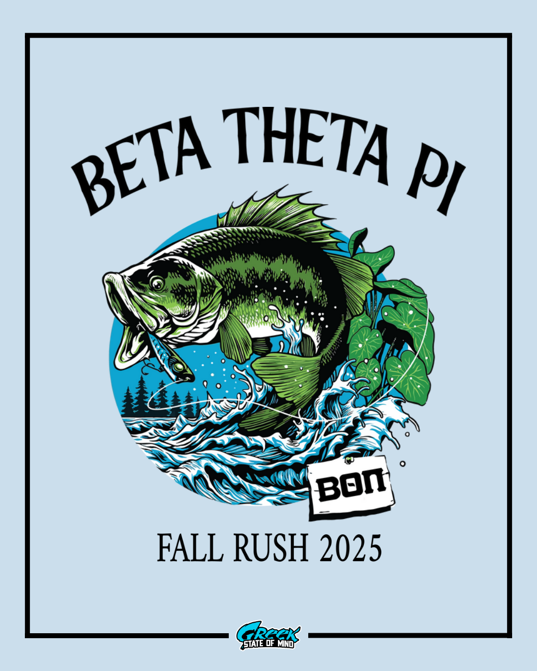  largemouth bass jumping from a lake with splashing water and lily pads beneath beta theta pi fall rush 2025 text.
