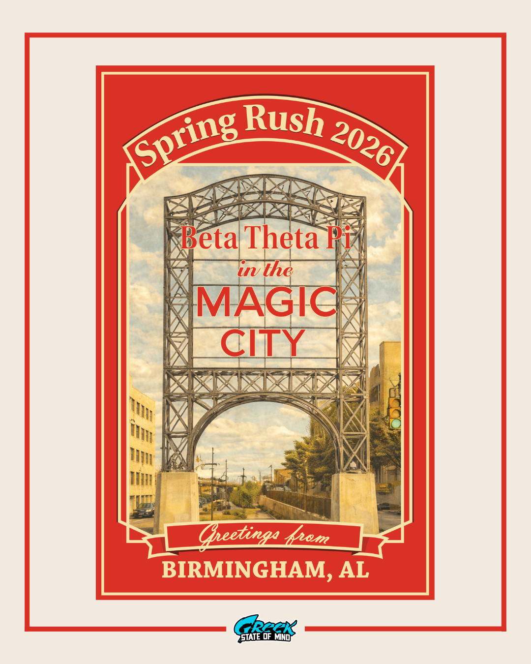 Promotional poster for Beta Theta Pi with a bridge and text about Spring Rush 2026 in Birmingham, AL.