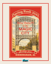 Promotional poster for Beta Theta Pi with a bridge and text about Spring Rush 2026 in Birmingham, AL.