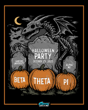 beta theta pi halloween design featuring pumpkins with chapter lettering tombstones skeletal dragon moon and bats in a spooky graveyard scene