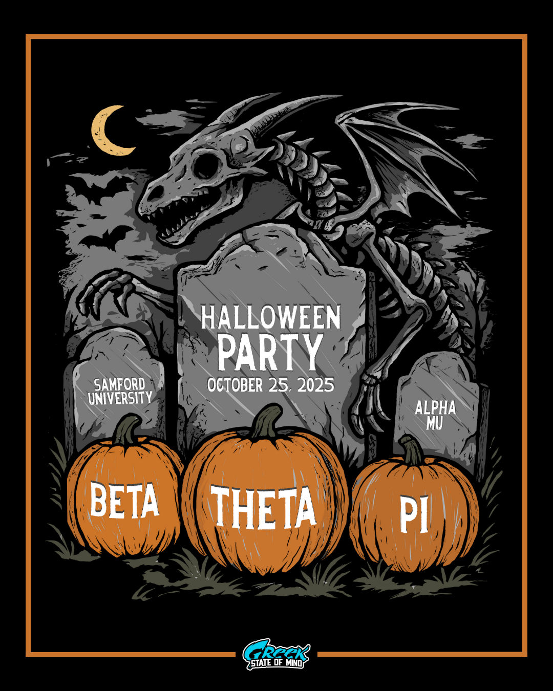 beta theta pi halloween design featuring pumpkins with chapter lettering tombstones skeletal dragon moon and bats in a spooky graveyard scene