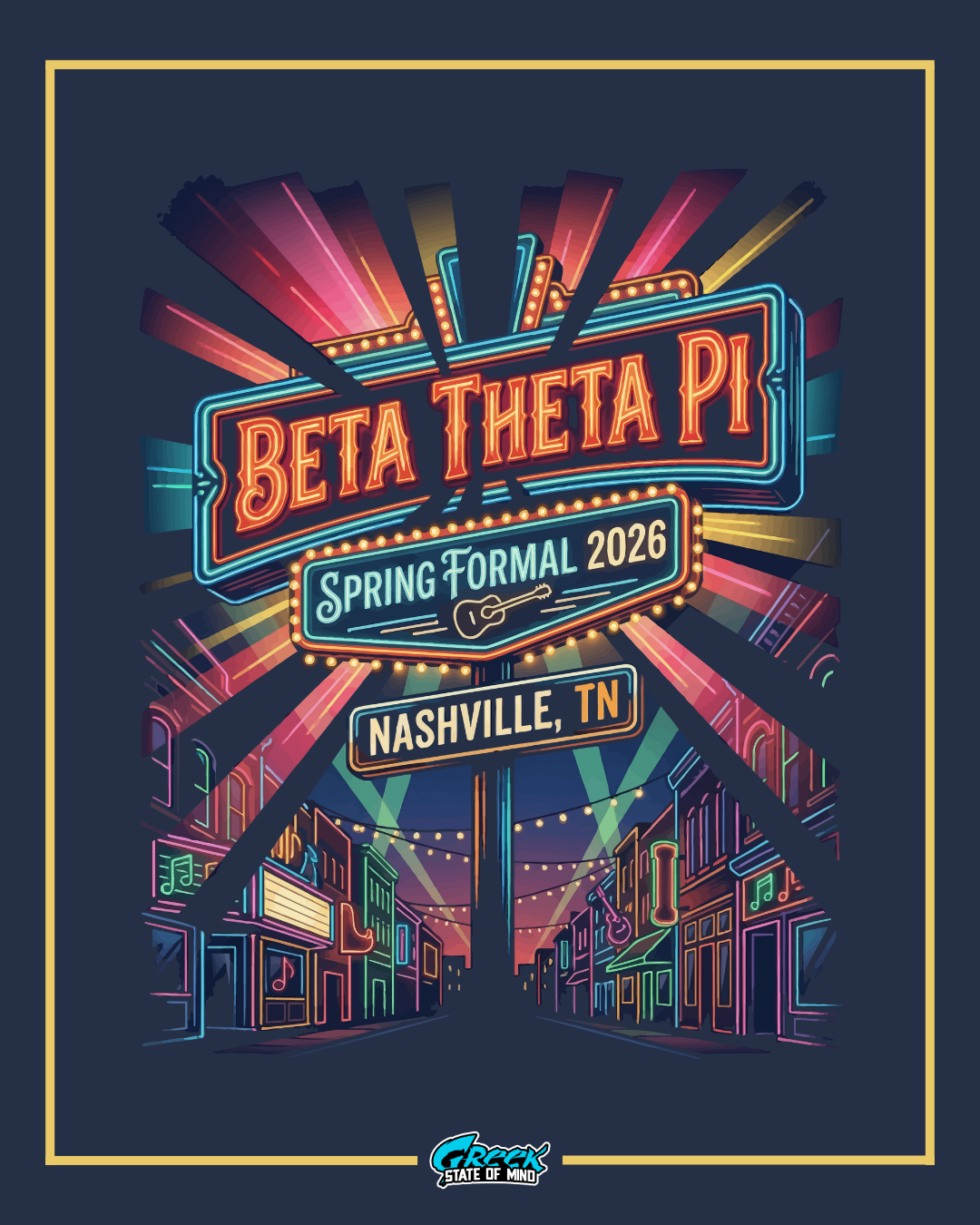 Neon-style poster for Beta Theta Pi Spring Formal 2026 in Nashville, TN with colorful text and cityscape design.