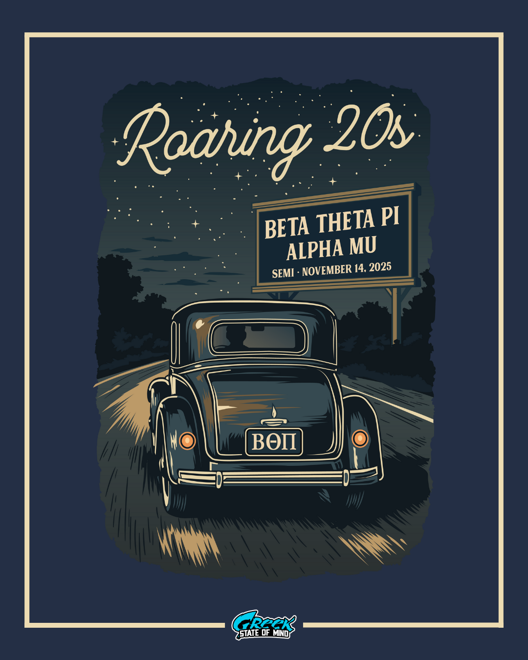 beta theta pi formal design featuring a vintage car driving down a road at night with a chapter sign on the side