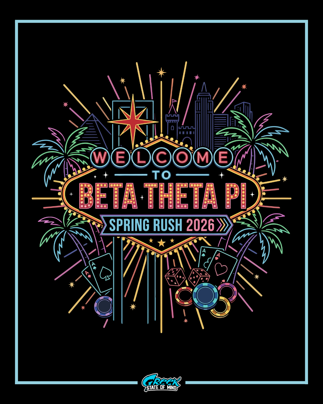 Colorful neon-style design with 'Welcome to Beta Theta Pi Spring Rush 2026' text on a black background.