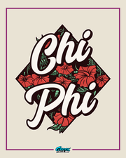 Decorative design with 'Chi Phi' text and floral elements on a beige background