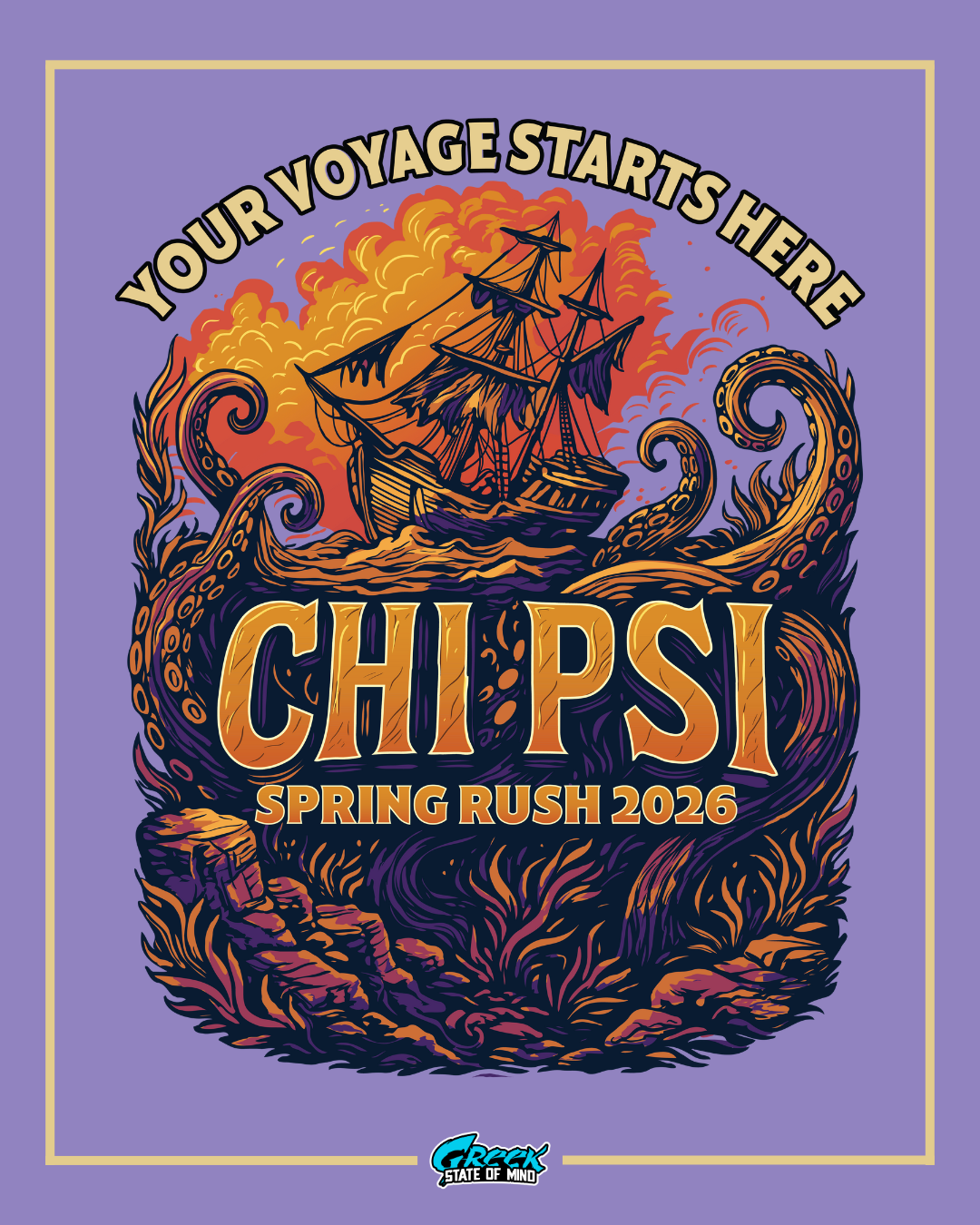  sailing ship cutting through swirling tentacled ocean waves under your voyage starts here text and chi psi lettering.