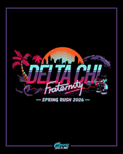 Delta Chi Fraternity Spring Rush 2026 graphic with palm trees, cityscape, and colorful design on a black background.