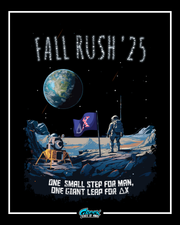 delta chi astronaut moon landing themed rush design with a fraternity flag, lunar surface, and earth in the sky