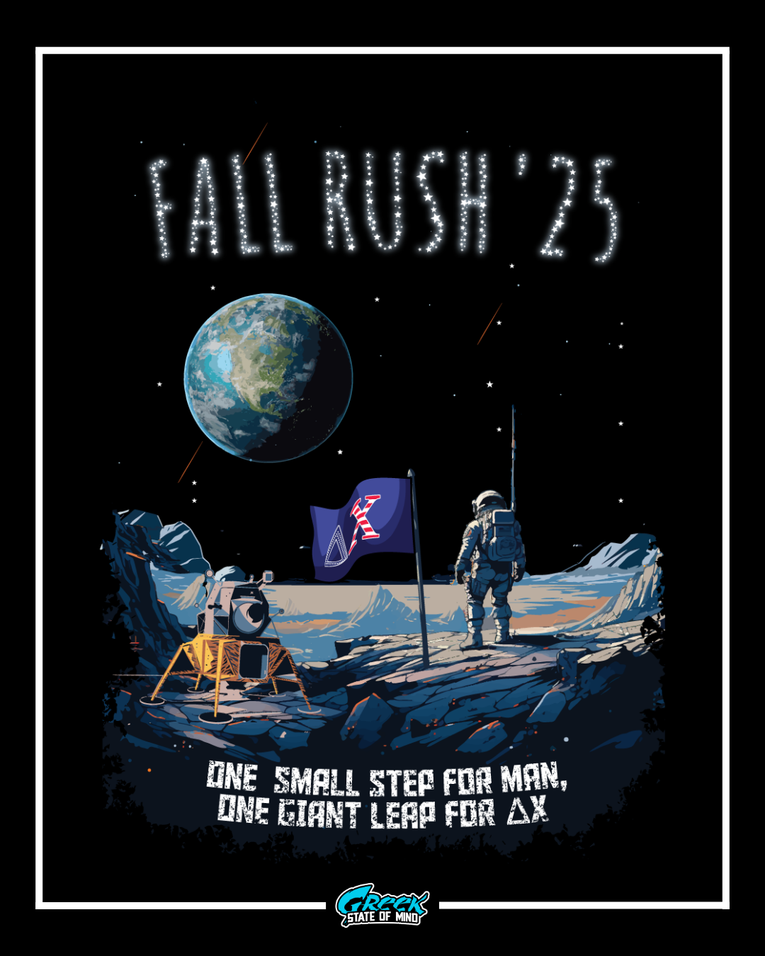 delta chi astronaut moon landing themed rush design with a fraternity flag, lunar surface, and earth in the sky