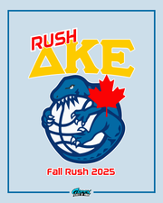 Promotional graphic for 'Rush AKE' with a dinosaur and maple leaf design on a light blue background.