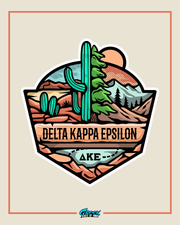 Sticker with desert landscape design and 'Delta Kappa Epsilon' text on a beige background