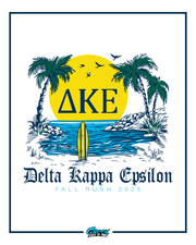 delta kappa epsilon tropical rush shirt design featuring a bright yellow sunset, palm trees, ocean waves, birds, and a surfboard centered in front of the water