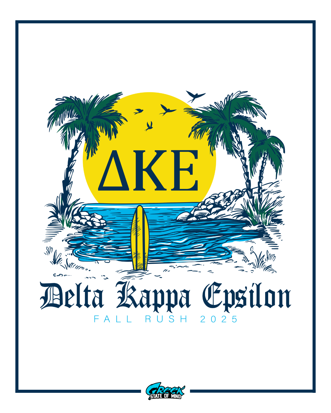 delta kappa epsilon tropical rush shirt design featuring a bright yellow sunset, palm trees, ocean waves, birds, and a surfboard centered in front of the water