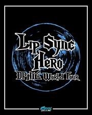 stylized lip sync hero text over a distressed blue vinyl record with dphie world tour written below on a black shirt.