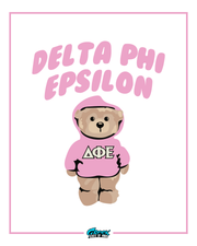Teddy bear in a pink hoodie with Delta Phi Epsilon letters on a white background