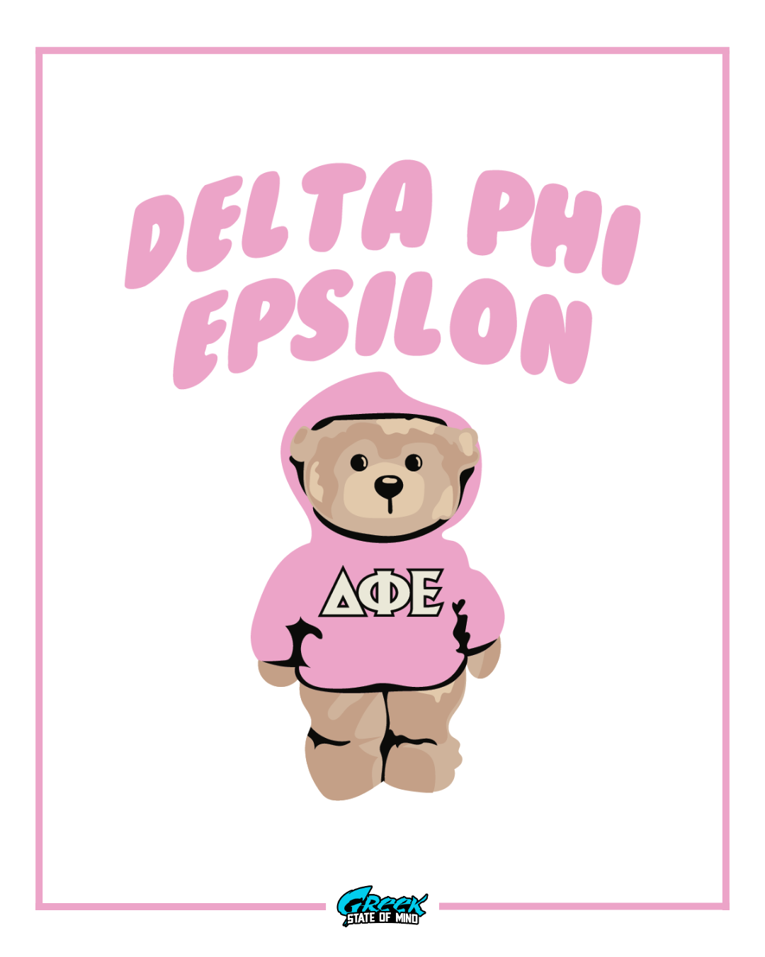 Teddy bear in a pink hoodie with Delta Phi Epsilon letters on a white background