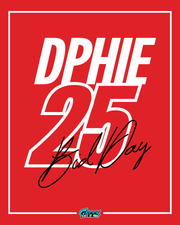 delta phi epsilon bid day design featuring bold white dphie lettering oversized number 25 and handwritten script on a red background
