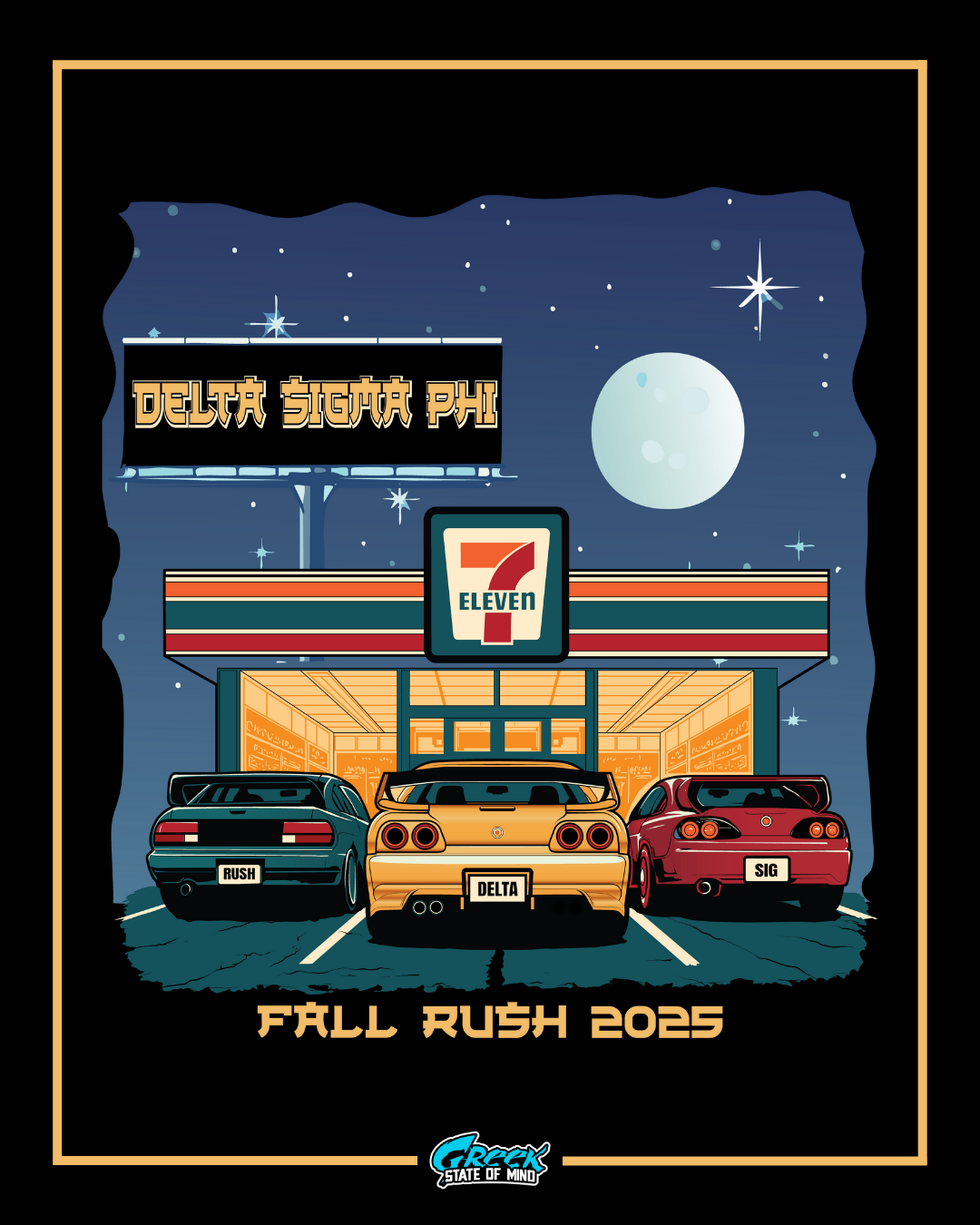 delta sigma phi rush design featuring three modified sports cars parked at a 7-eleven gas station at night under a starry sky with bold chapter lettering