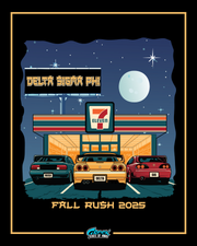 delta sigma phi rush design featuring three modified sports cars parked at a 7-eleven gas station at night under a starry sky with bold chapter lettering