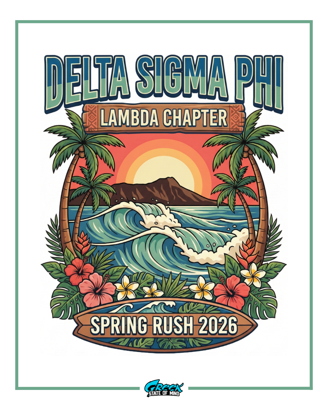 Delta Sigma Phi Lambda Chapter spring rush 2026 poster with tropical design