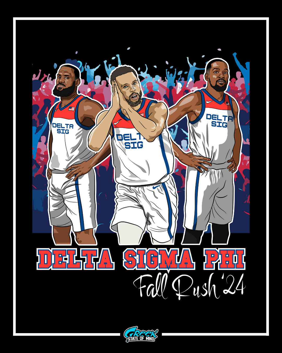 Illustration of three basketball players in Delta Sigma Phi uniforms with a colorful background.