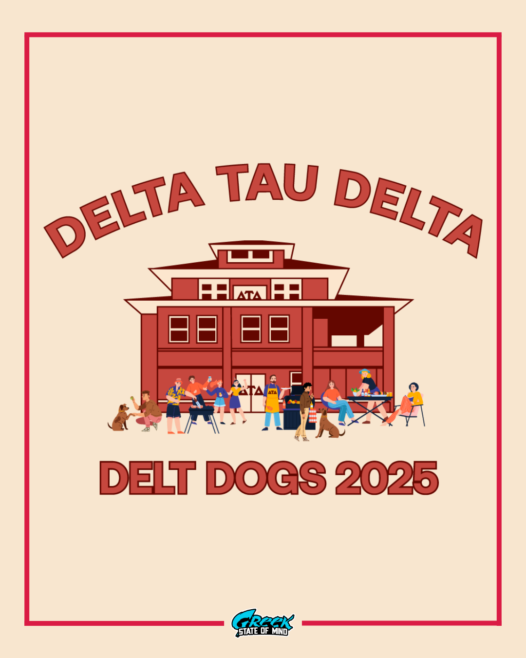 delta tau delta delt dogs design featuring fraternity members and their dogs relaxing outside the chapter house in a casual campus scene