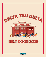 delta tau delta delt dogs design featuring fraternity members and their dogs relaxing outside the chapter house in a casual campus scene