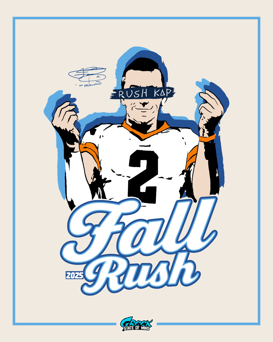illustrated football player in a number 2 jersey with hands raised in celebration above large script text reading fall rush 2025.